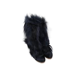 Chloé-Navy Chloe Coyote Fur & Leather Mid-Calf Boots Size 37-Navy blue