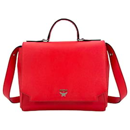 MCM-MCM Saffiano Leather Crossbody Bag Red Silver Bag Handbag Shoulder Bag-Red