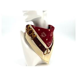 MCM-MCM Bandana Écharpe Femme Écharpe Coton Bordeaux Rouge Crème Or Logo Imprimé-Bordeaux