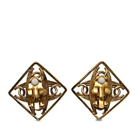 Chanel-Boucles d'oreilles à clips avec perles carrées CC-Doré