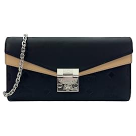 MCM-MCM Tracy Leather Crossbody Wallet Bag Black Cream Clutch Shoulder Bag Logo-Black