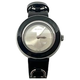 Gucci-gucci 129.5 Orologio da donna in pelle verniciata, orologio in acciaio nero, prodotto in Svizzera-Nero