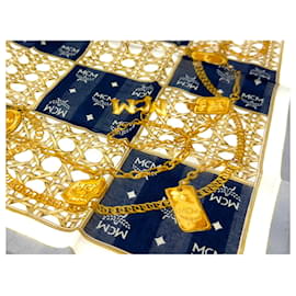 MCM-Lenço bandana MCM feminino algodão dourado azul escuro cinza logoprint-Multicor