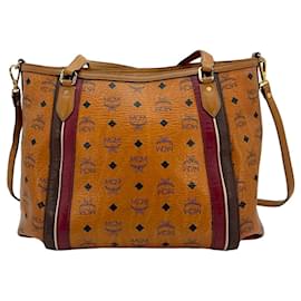 MCM-MCM Shoulder Bag Handle Bag Medium Shopper Bag Crossbody Bag Stripe Logo-Cognac