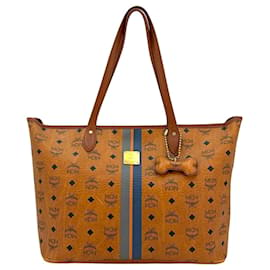 MCM-MCM Top Zip Shopper Bag Sac à main avec poignée Cognac Stripe Medium Logo-Cognac