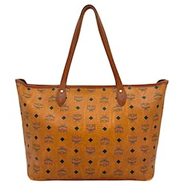 MCM-MCM Top Zip Shopper Bag Handbag Handle Bag Cognac Stripe Medium Logo-Cognac