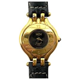 MCM-Relógio feminino de couro MCM feito na Suíça em aço preto dourado-Preto,Gold hardware