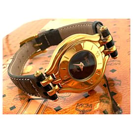 MCM-MCM Damen Leder Armbanduhr Watch Armbanduhr Uhr Swiss Made Steel Schwarz Gold-Schwarz,Gold hardware