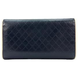 Chanel-CHANEL Leather Wallet Quilted Case Black Cream Wallet-Black