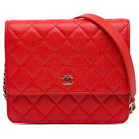 Chanel-Portafoglio quadrato Chanel Red CC Caviar su catena-Rosso