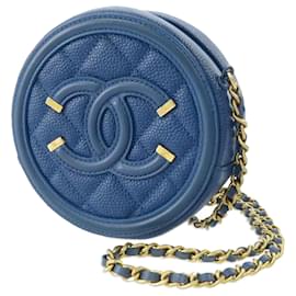 Chanel-Sac à bandoulière rond en filigrane CC bleu caviar Chanel-Bleu