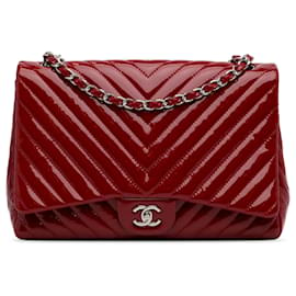 Chanel-Chanel Red Jumbo Chevron Patent Single Flap-Red