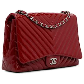 Chanel-Chanel Red Jumbo Chevron Patent Single Flap-Red