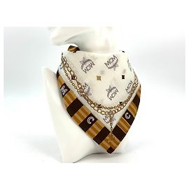 MCM Bandana Sciarpa Sciarpa da donna Cotone Crema Marrone Oro Crema Stampa logo Multicolore