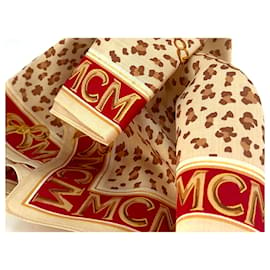 MCM-MCM Bandana Tuch Damen Schal LeoPrint Baumwolle Creme Gold Rot Logo Leo-Mehrfarben