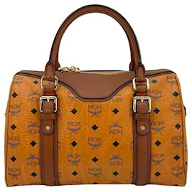 MCM-MCM handbag Boston Bag 30 Visetos bag handle bag cognac logo print-Brown,Cognac