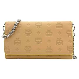 MCM-MCM Leder Crossbody Wallet Bag Clutch Umhängetasche Beige Silber Small Tasche-Beige,Gelb