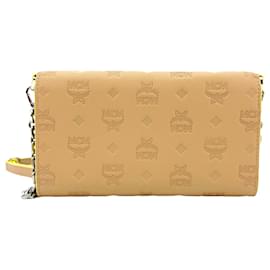 MCM-MCM Leather Crossbody Wallet Bag Clutch Shoulder Bag Beige Silver Small Bag-Beige,Yellow
