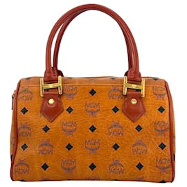 MCM-MCM Vintage Handbag Boston Bag Cognac Brown Bag Handle Bag Logo Print-Brown,Cognac