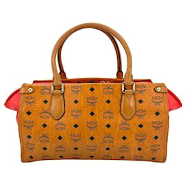 MCM-MCM Visetos leather handbag cognac red bag handle bag logo print-Red,Cognac