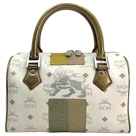 MCM-MCM Handtasche Boston Bag Tasche Henkeltasche Weiß Bronze LogoPrint Lion-Weiß