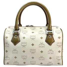 MCM-MCM Handbag Boston Bag Handbag White Bronze LogoPrint Lion-White
