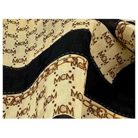 MCM-Lenço bandana MCM feminino algodão creme preto dourado logoprint-Multicor