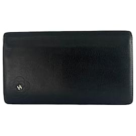 Chanel-CHANEL Leather Wallet Case Pink Black Wallet Camelia Wallet-Black