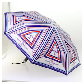 Chanel-CHANEL AIRLINES Parapluie Pliant Nylon Blanc Violet CC Auth 62995-Blanc,Violet