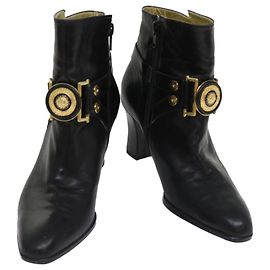 VERSACE Boots Leather 36 Black Auth hk1043 Black
