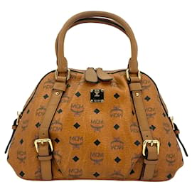 MCM-MCM Visetos handbag cognac bag handle bag logo print bag-Cognac