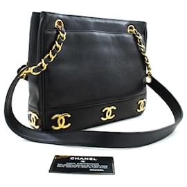 Chanel-CHANEL Caviar Triple Coco Chain Shoulder Bag Black Leather Gold-Black