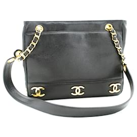 Chanel-CHANEL Bolsa de ombro com corrente Caviar Triple Coco Preto Couro Dourado-Preto