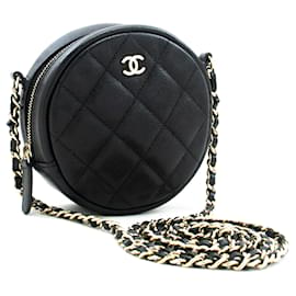 Chanel-CHANEL Bolsa de Ombro com Corrente Pequena Caviar com Zíper Redondo Preto Acolchoado-Preto