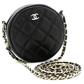 Chanel-CHANEL Bolsa de Ombro com Corrente Pequena Caviar com Zíper Redondo Preto Acolchoado-Preto