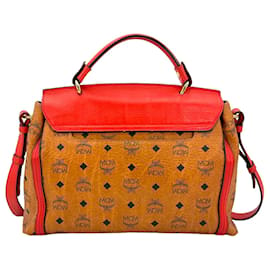 MCM-MCM Visetos Leather Crossbody Bag Shoulder Bag Cognac Red Logo Print-Red,Cognac