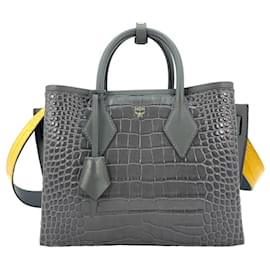 MCM-MCM Neo Milla Medium CHARCOAL Croc Tote Bag Handle Bag Shoulder Bag-Grey
