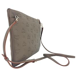 MCM-MCM Leather Crossbody Pouch Pochette Taupe Brown LogoPrint Clutch Shoulder Bag-Brown,Taupe