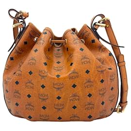 MCM-MCM Visetos Leather Drawstring Shoulder Bag Bag Bucket Logo Print-Cognac