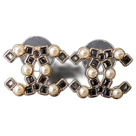 Chanel-CC B22Boîte de boucles d'oreilles avec logo en cristal noir perle P GHW-Doré
