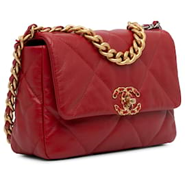 Chanel-Chanel Pelle di agnello rossa media 19 borsa con patta-Rosso