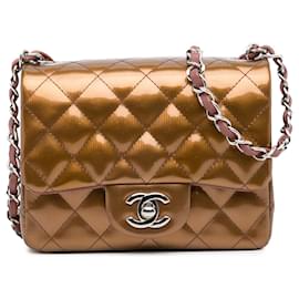 Chanel-Chanel Brown Mini Classic Square Patente Aba Única-Marrom,Bronze