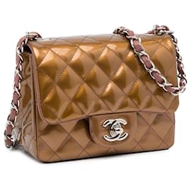 Chanel-Chanel Brown Mini Classic Square Patent Single Flap-Marron,Bronze