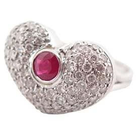 Autre Marque-HEART RING SET WITH 65 diamants 1.62ct & 1 ruby 61 in white gold 18K 13GR RING-Silvery