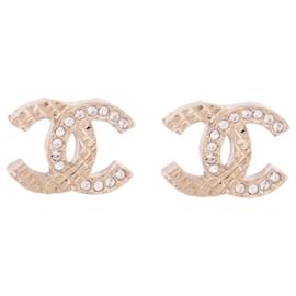 Chanel-NEW CHANEL EARRINGS CC LOGO QUILTED STRASS GOLD METAL EARRINGS-Golden