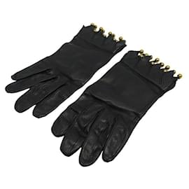Hermès-NEW HERMES GLOVES WITH GOLDEN PEARL CHARMS BLACK LEATHER 7.5 BLACK LEATHER GLOVES-Black