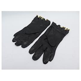 Hermès-NEW HERMES GLOVES WITH GOLDEN PEARL CHARMS BLACK LEATHER 7.5 BLACK LEATHER GLOVES-Black
