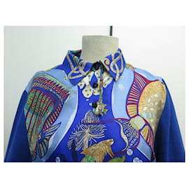 Hermès-HERMES TOP TUNIKA TWILL BEDRUCKTE SEIDE GRANDS FONDS BLAU L 42 Seidentop-Blau