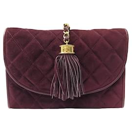 Chanel-VINTAGE CHANEL HANDBAG WITH POMPOM IN BORDEAUX QUILTED SUEDE CLUCH BAG-Dark red