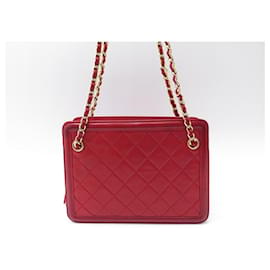 Chanel-VINTAGE SAC A MAIN CHANEL CAMERA CUIR ROUGE BANDOULIERE HAND BAG PURSE-Rouge